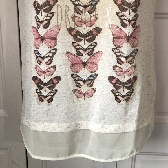 Butterfly print t-shirt with sheer linen hemline size small - Picture 3 of 5
